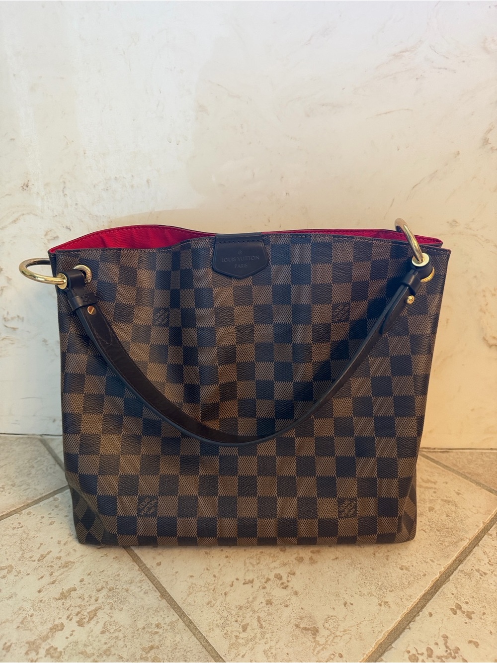 Louis Vuitton Brown Damier Shoulder Bag with Red Interior